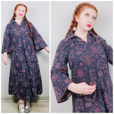 1970s Vintage Black and Red Bandana Print Maxi Dress / 70s / Seventies Cotton Paisley Flared Sleeve Gown / Small - Medium 