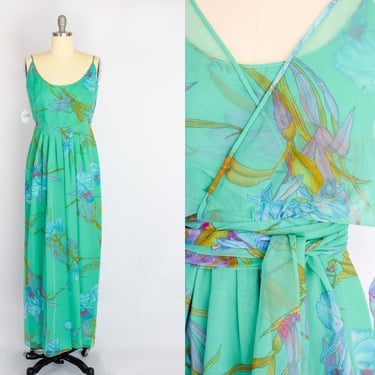 Vintage 1970s Chiffon Orchid Print Gown | S/M 