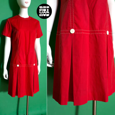Red Hot Mod Cutie - Vintage 60s 70s Red Cotton Shift Dress with Drop Waist 