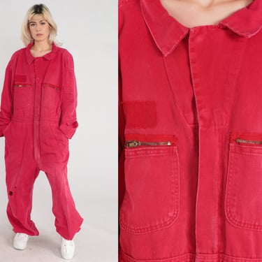 Red Coveralls 70s Jumpsuit Boilersuit Pants Retro Long Sleeve Coverall Mechanic Boiler Suit Workwear Distressed Vintage 1970s Mens 50 Short 
