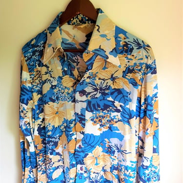 Vintage 1970's Men's Soft Polyester Floral Button Down Shirt Western / S 