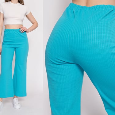 70s Bright Blue Flared Pants - Medium | Vintage High Waisted Textured Polyester Elastic Casual Trousers 