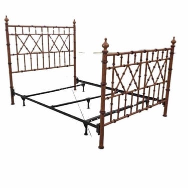 Vintage fretwork faux bamboo metal queen bed frame 