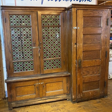 Antique Wood School Cubby w Glass Doors and Closet