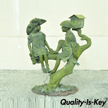 Large Bronze Verdigris Mailbox Garden Statue Boy and Girl on Tree Jim Davidson