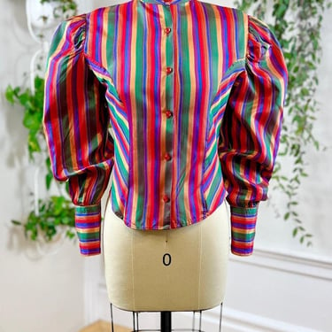 Vintage 1980s Blouse | 80s Rainbow Striped Satin Mock Neck Long Mutton Sleeve Dressy Top | small 