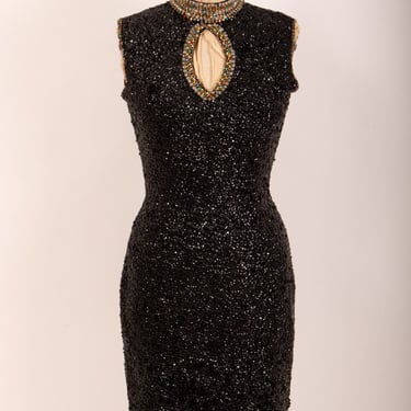 Vintage 1960s Gene Shelly knit sequin and beaded sheath cocktail dress M 
