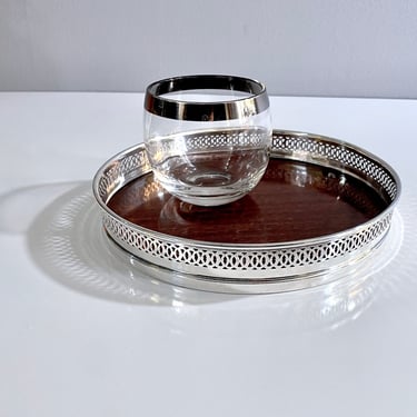 Vintage Sterling Silver and Wood Laminate Gallery Bar Tray, Garden Silversmith - Mid Century Modern, Barware, Gift for Him, Cocktails, Round 