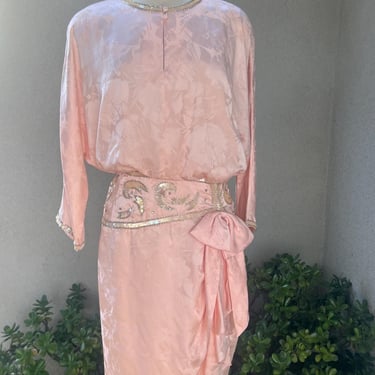 Vintage 80s Silk Pink Dress Beaded Sz 18 XL By Spenser Jeremy 