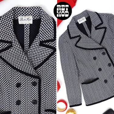 Chic Dandy Vintage 60s 70s Black White Patterned Polyester Statement Blazer 