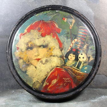 Vintage Beautebox Canco Henry Clive tin | Henry Clive Woman in Santa Suit | 1920s Flapper Candy Cookie Tin 