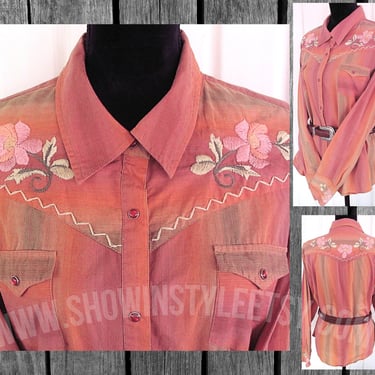 Vintage Retro Women's Cowgirl Shirt by Roper, Rodeo Queen, Pastel Orange, Pink & Green, Embroidered Flowers, Size XLarge (see meas. photo) 