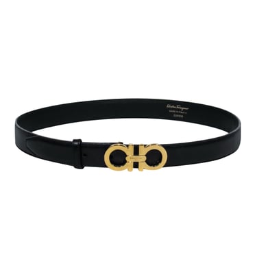 Ferragamo - Black Leather Belt w/ Gold Logo Clasp