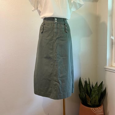 Vintage 90s Sage Green Cotton Utility Cargo Midi Skirt Size 10 
