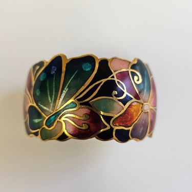 David Kuo Champleve Multicolored Enamel Butterfly Cuff Bracelet, Collection Los Angeles, Cloisonne Butterfly Cuff, Hand Carved, Signed Cuff 