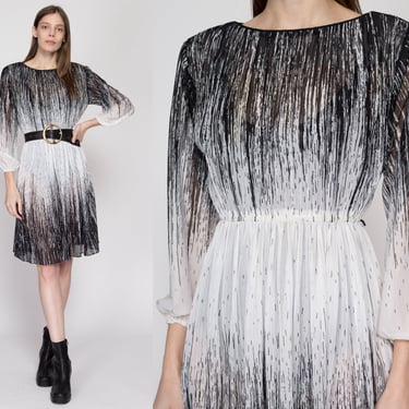 Sm-Med 70s Black & White Gradient Sheer Plisse Dress | Vintage Hal Ferman 3/4 Sleeve Midi Dress 