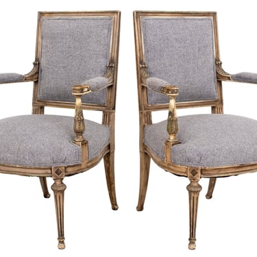 Pair of Louis XVI Style Gray Painted Fauteuils