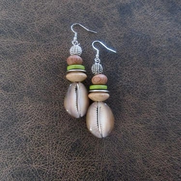 Large cowrie shell earrings, bold statement earrings, green 