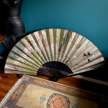 Large Vintage Asian Fan, Hand Painted Lotus Flowers and Birds, 3 x 5 feet - Green Pink Silver, Chinoiserie, Paper and Bamboo, Signed 