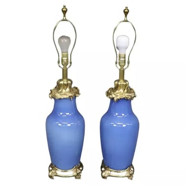 Outstanding Pair Bronze French Rococo Cobalt Blue Porcelain Table Lamps