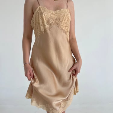 1930's Latte Silk Slip with Bow Embroidery