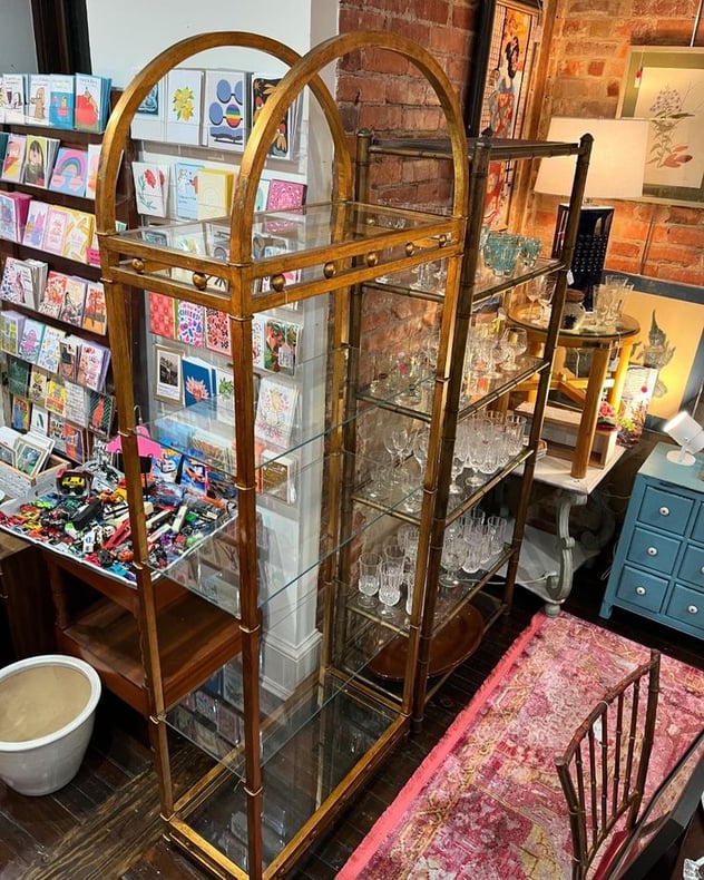 Big gold metal arch top etagere. 5 shelves. 30.5” x 14.5” x 82” 