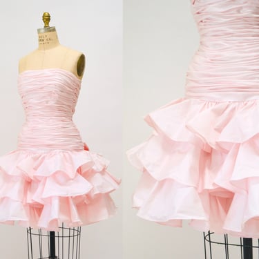 80s 90s Vintage Pink Prom Party Dress Lillie Rubin Pink Barbie Pageant Strapless Dress 90s party Cocktail Ruffle Dress XXS XS Pale Baby Pink 