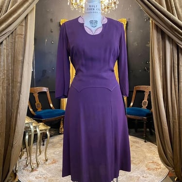1940s rayon dress, purple and blush, vintage 40s dress, size large, beaded neckline, film noir style, 32 waist, old hollywood, pearls, plum 