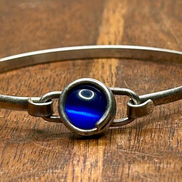 Vintage Handmade Bracelet Bangle Reflective Blue Glass Stone Silver Tone Modern 