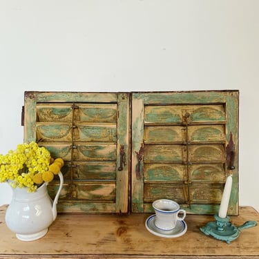 Beautiful vintage French small wooden pair of shutters in beautiful green and yellow 