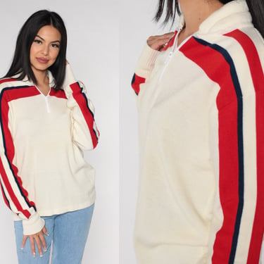 Quarter Zip Sweater 80s Off-White Wool Blend Pullover Knit Red Black Striped Sweater Preppy Sporty Streetwear Basic Vintage 1980s Large L 