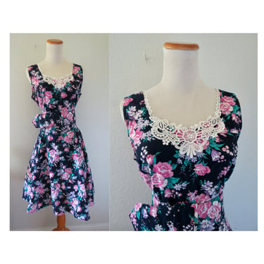 Vintage 80s Floral Party Dress Sleeveless Flower Print Sundress Belted Crinoline Petticoat Lining Size Medium 