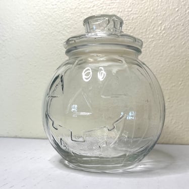 Vintage 80s Clear Glass Jack-O-Lantern Jar 