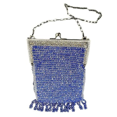 Art Deco Cobalt Blue Glass Seed Beaded Evening Handbag for Wrist w/ Silver Clasp 