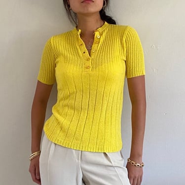 70s henley sweater tee / vintage neon highlighter yellow ribbed knit short sleeve snug henley sweater tee | Small 