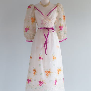Fabulous 1980's Embroidered Silk Organza Midi Length Dress / SM