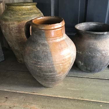 Antique Pottery Jug, 19th C Terra Cotta Pot, Earthenware, Redware, Partial Slip Glaze, Rustic Farmhouse 