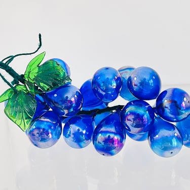 Vintage MID Century Modern Cobalt Blue Iridescent Hand Blown Art Glass Grapes Cluster 