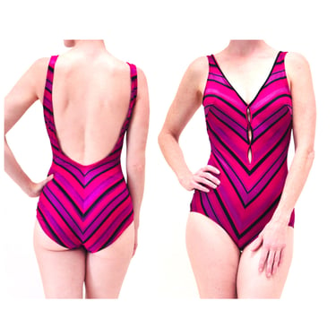 Vintage 70s 80s Swimsuit One Piece Bathing Suit Swim Suit Medium Large Purple Pink Striped Cole of California Striped Swimsuit 