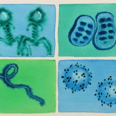 Blue and Green Viruses - original watercolor painting - microbiology art 