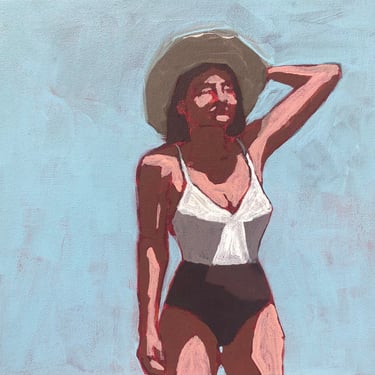 Woman in Hat  |  Original Acrylic Painting on Canvas 10 x 10 - michael van, small, square, bathing suit, retro, summer, beach, gallery wall 