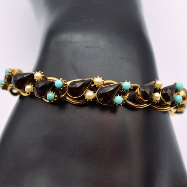50's unsigned Florenza bracelet, Victorian style faux garnet turquoise & pearl gold plate statement 
