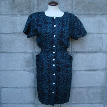 Vintage 1980s Linen Dress Black and Teal 
