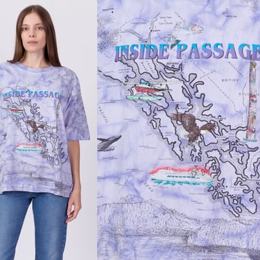 90s Alaska Map Tie Dye All Over Print T Shirt - Men's Large, Women's XL | Vintage Unisex Purple AOP Inside Passage Graphic Tourist Tee 