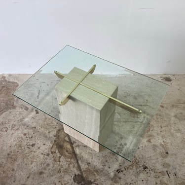 Vintage 1970s Rectangular Glass Top Travertine Base Side Table by Artedi 