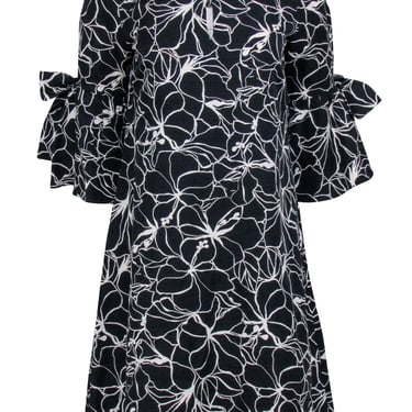 Carolina Herrera - Black & White Floral Print Bell Sleeve Shift Dress Sz S