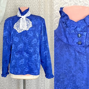 Ruffle High Neck Top, Lacy Scarf, Embossed Design, Vintage Blouse, Cobalt Blue, Edwardian, Victorian, XL 