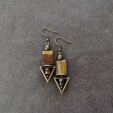 Bohemian dangle earrings, triangle earrings, bold statement earrings, unique boho chic earrings, rustic artisan earrings, Tiger's eye 