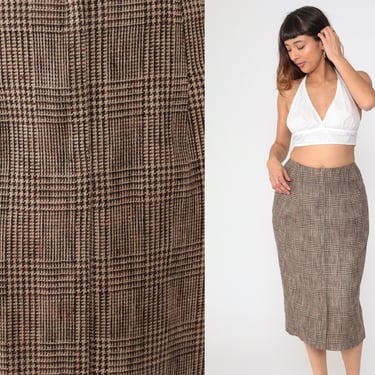 Brown Checkered Skirt 80s Midi Skirt High Waisted Skirt Houndstooth Check Print Wool Blend Pencil Office Secretary Vintage 1980s Medium 