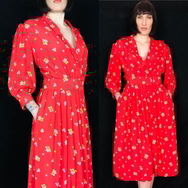 DEADSTOCK / NWT / Vintage 1940's Inspired Red Rayon Abstract Print Dress - size Medium to Large 
